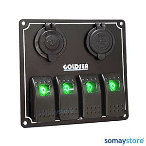 Goldsea Marine Switch Panel 4 Anahtarlı Şarj - Usb  Soketli Yeşil Led