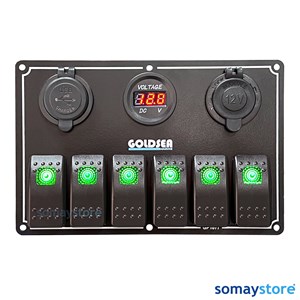 Goldsea Marine Switch Panel 6 Anahtarlı Şarj - Voltmetre - Usb  Soketli Yeşil Led